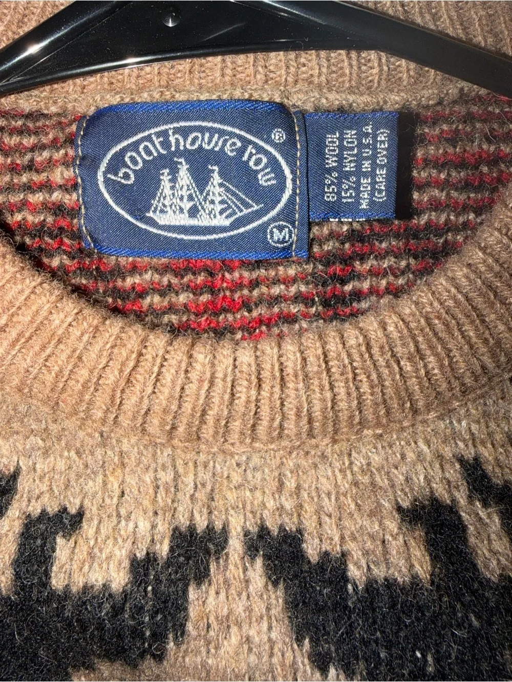 Men's Crewneck Wool-blend Sweater in Brown with Black & Red Fair Isle Motif